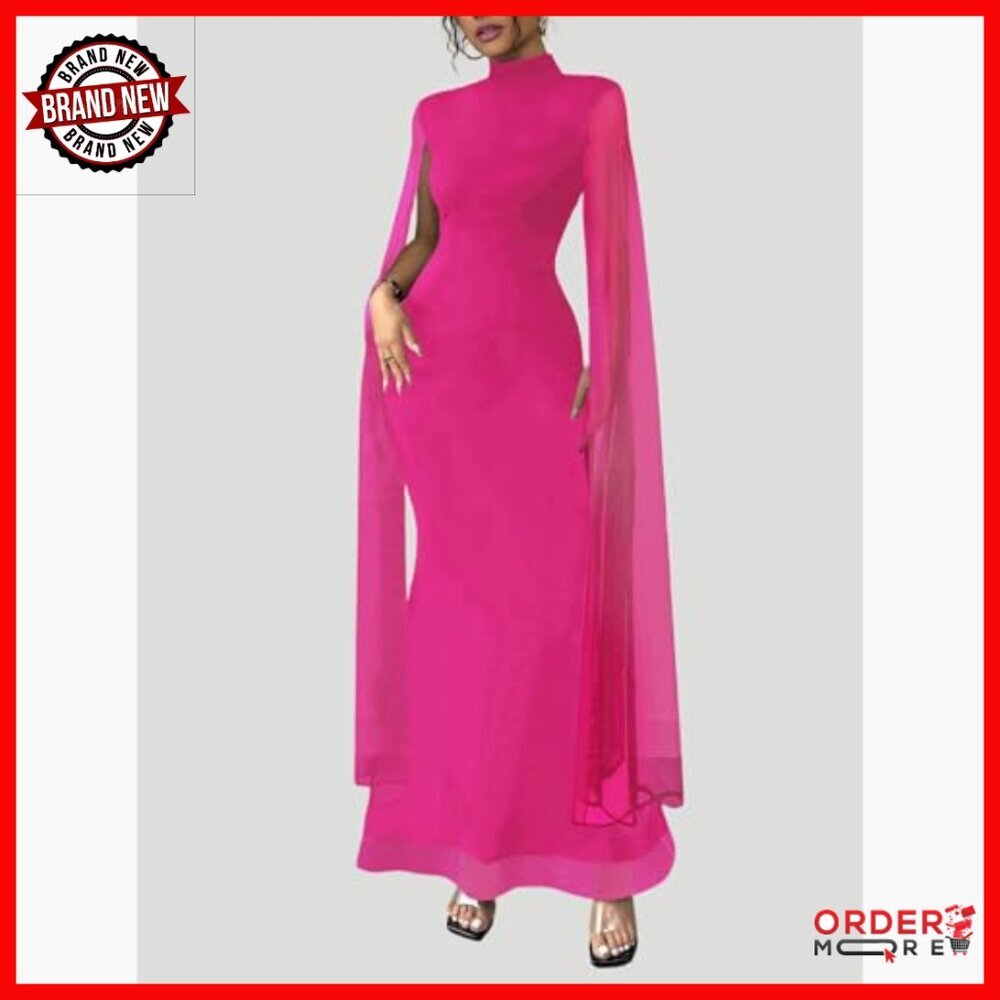 Formal Mock Neck Mesh Flare Sleeve Maxi Dress Bodycon Evening Gown - Picture 4 of 6